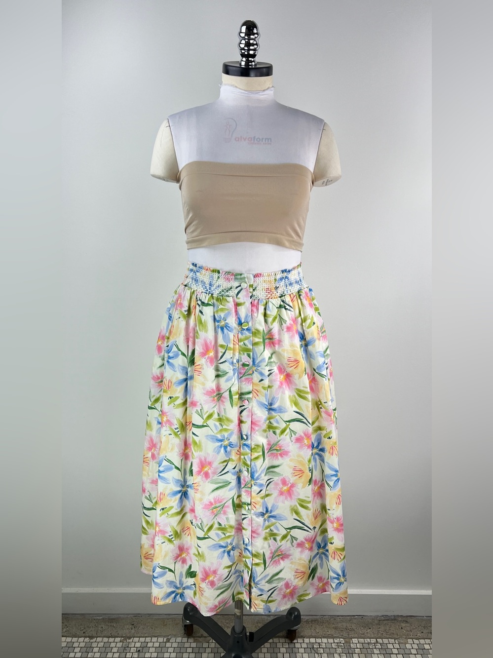 💚 3615. Floral Button-Front Midi Skirt in Pastel Multi